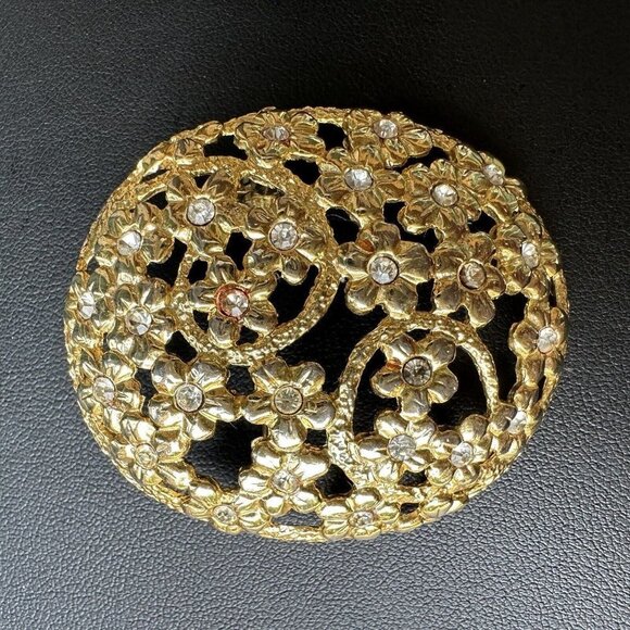 VTG Oval Brooch Pin 1.5" Floral Clear Rhinestone Yellow‎ Gold Plated Filigree - Picture 5 of 7